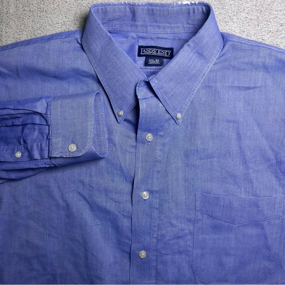 Lands End Dress Shirt Men’s 17.5-35 Regular Fit Solid Blue Long Sleeve Button Up
